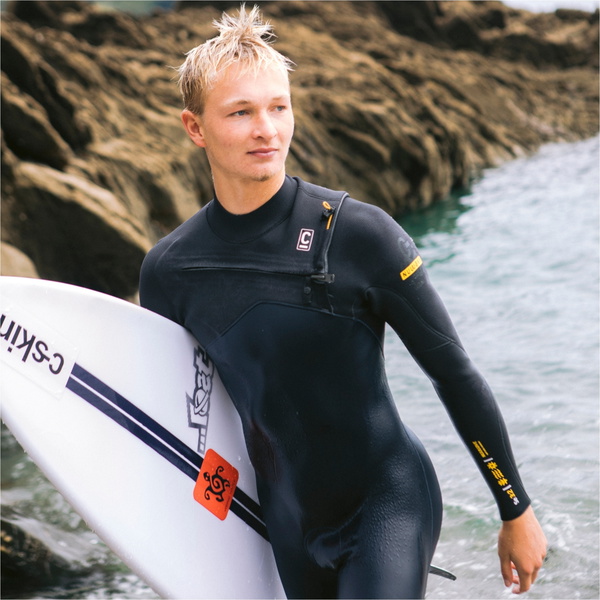 2026 C-Skins Mens NuWave Session 3/2mm GBS Chest Zip Wetsuit C-NSE32MCZ - Bluestone / Black X / Saffron